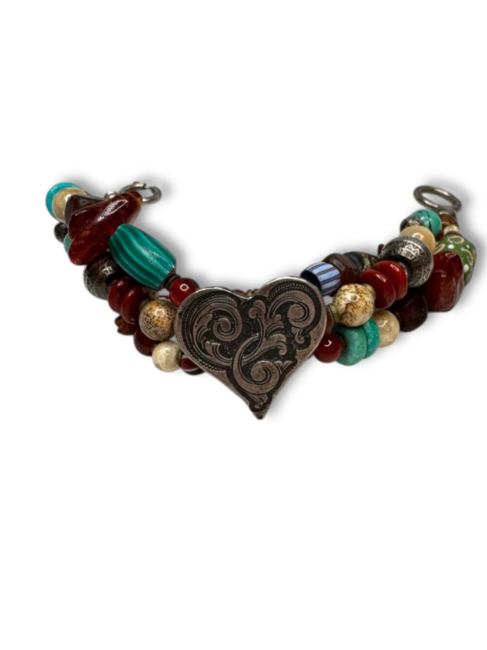 Handcrafted African Trade Bead Bracelet With Heart Centerpiece